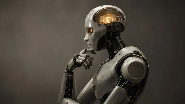 Generischer humanoider Roboter im Studio mit warm leuchtendem Kopf als Sinnbild für Physical AI