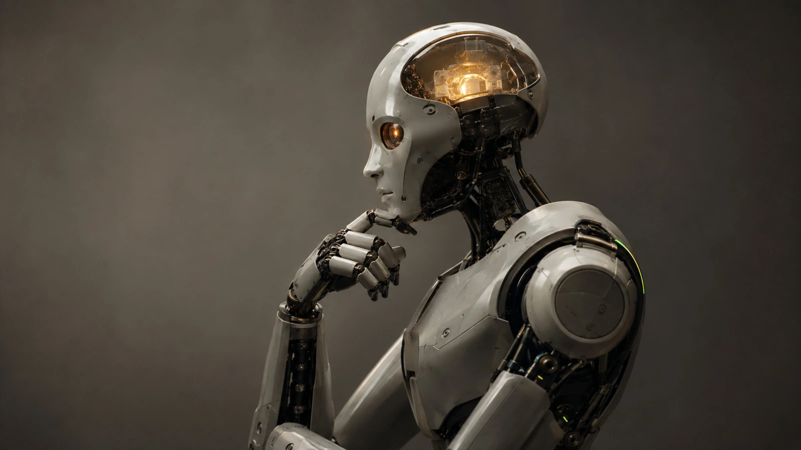 Generischer humanoider Roboter im Studio mit warm leuchtendem Kopf als Sinnbild für Physical AI