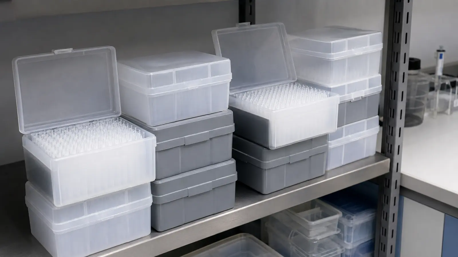 Gestapelte Boxen mit Pipettenspitzen im Laborregal als Verbrauchsmaterial