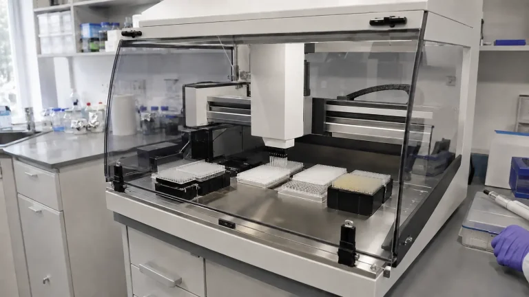 Liquid-Handling-Workstation im Labor mit Mikrotiterplatten und Spitzenboxen auf dem Deck