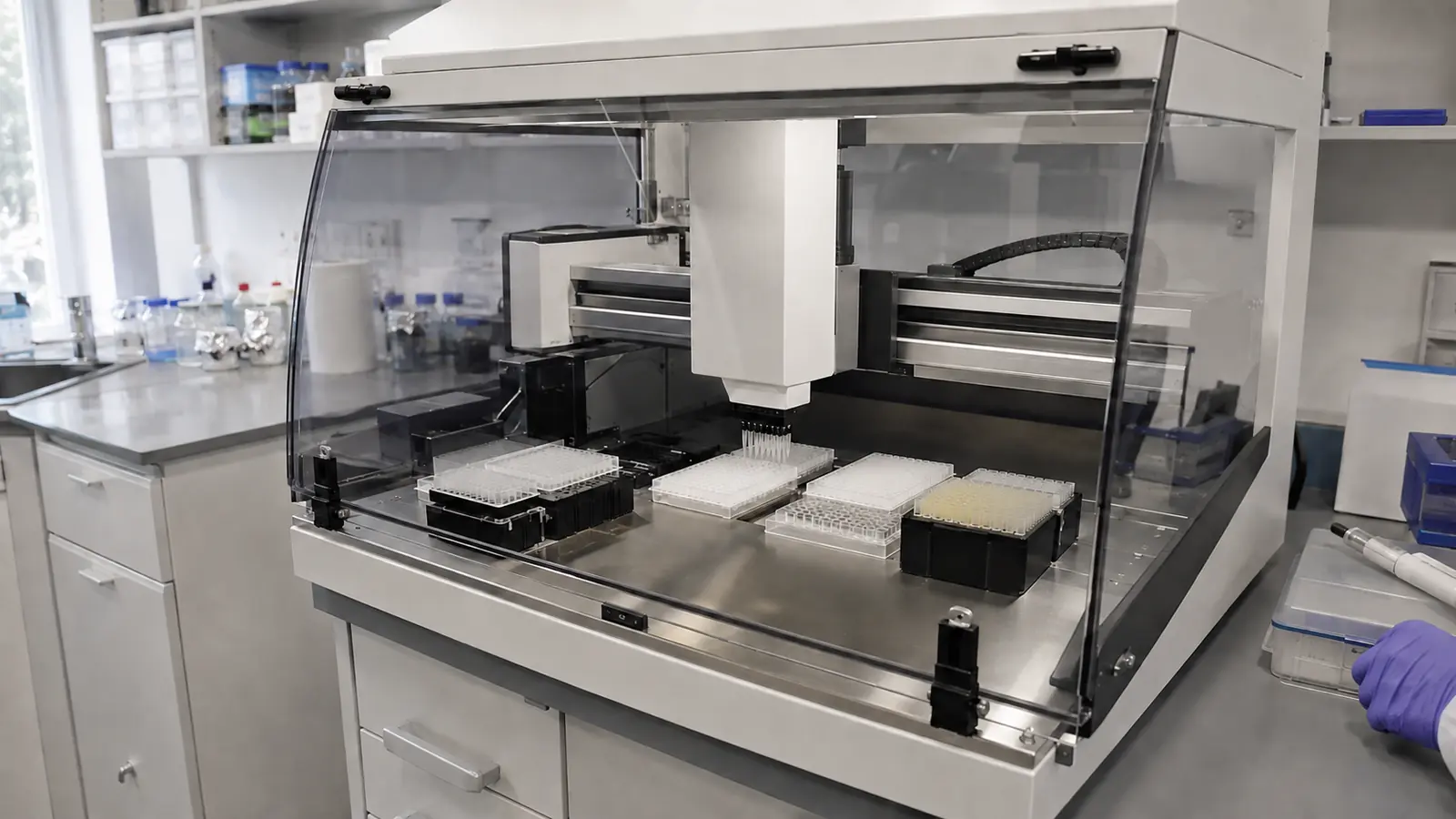 Liquid-Handling-Workstation im Labor mit Mikrotiterplatten und Spitzenboxen auf dem Deck