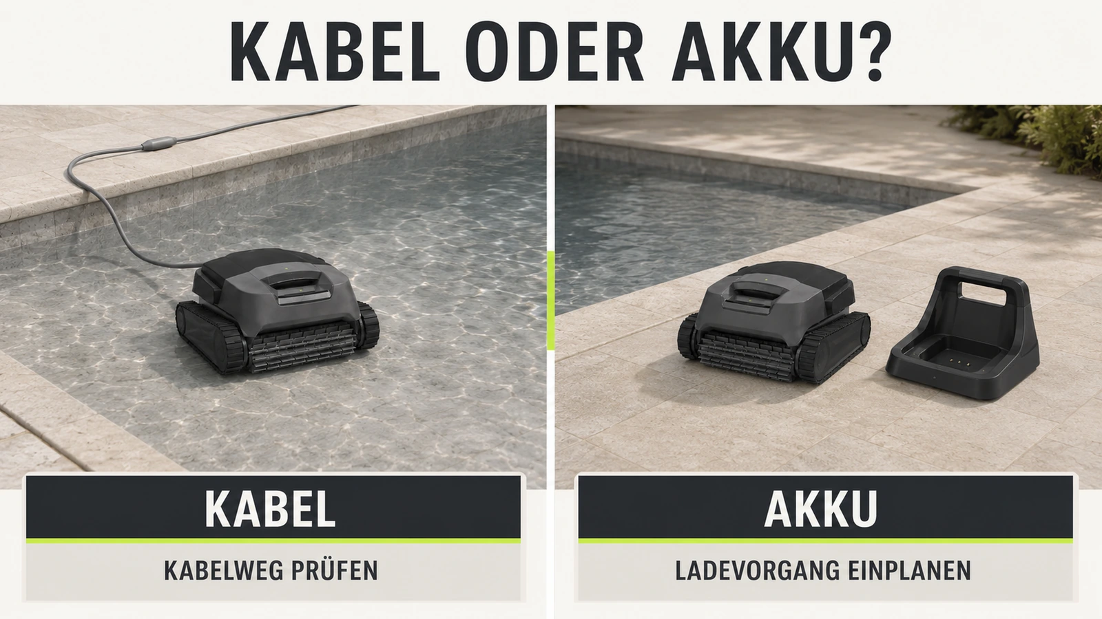Zwei Poolroboter am Beckenrand im Vergleich: einer mit Kabel, einer kabellos mit Akku