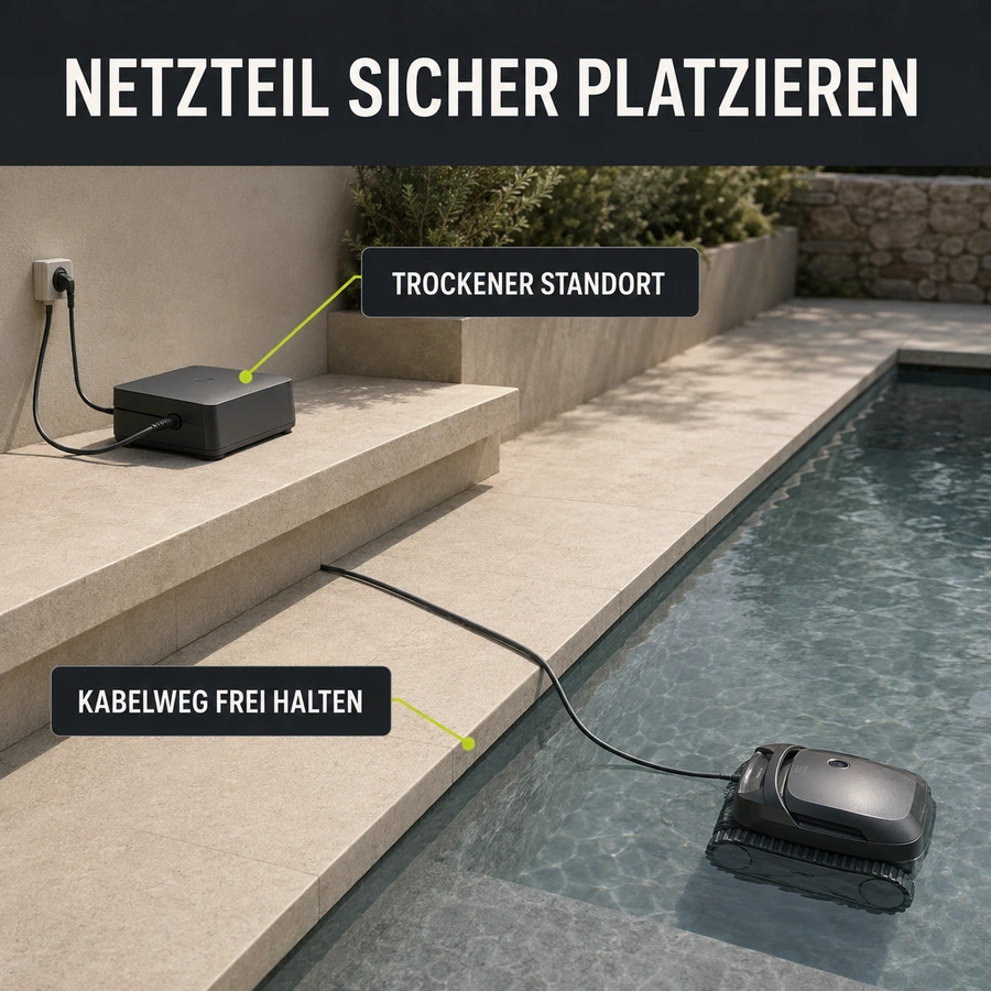 Close-up des Netzteils und der Steuerbox am Poolrand, sicher außerhalb des Wassers