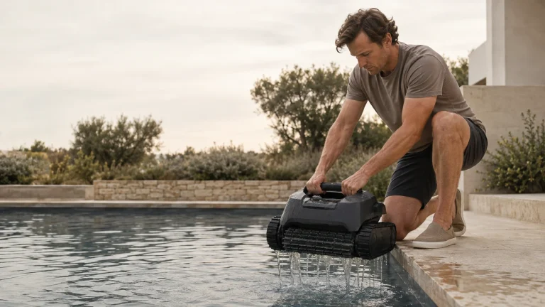 Poolroboter wird am sonnigen Beckenrand aus dem Wasser gehoben, Wasser tropft ab, das Gewicht zählt