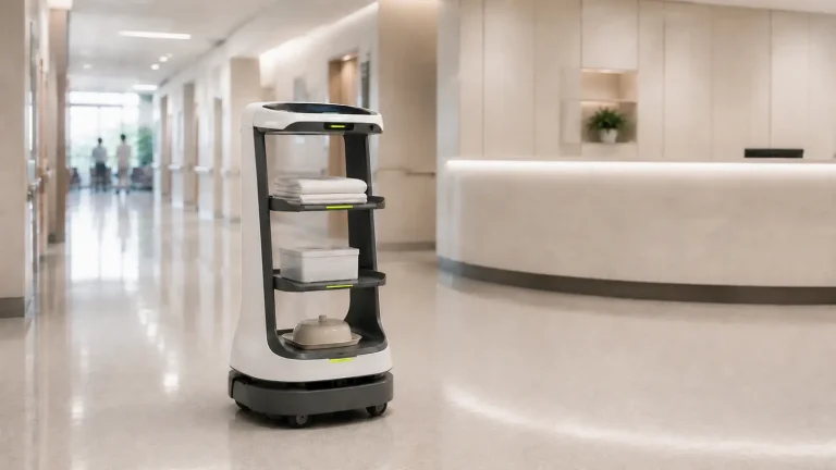 Serviceroboter transportiert Waren auf einem hellen Klinikflur.