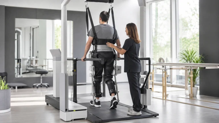 Eine Person geht in einem robotischen Gangtrainer über ein Laufband, während eine Therapeutin assistiert