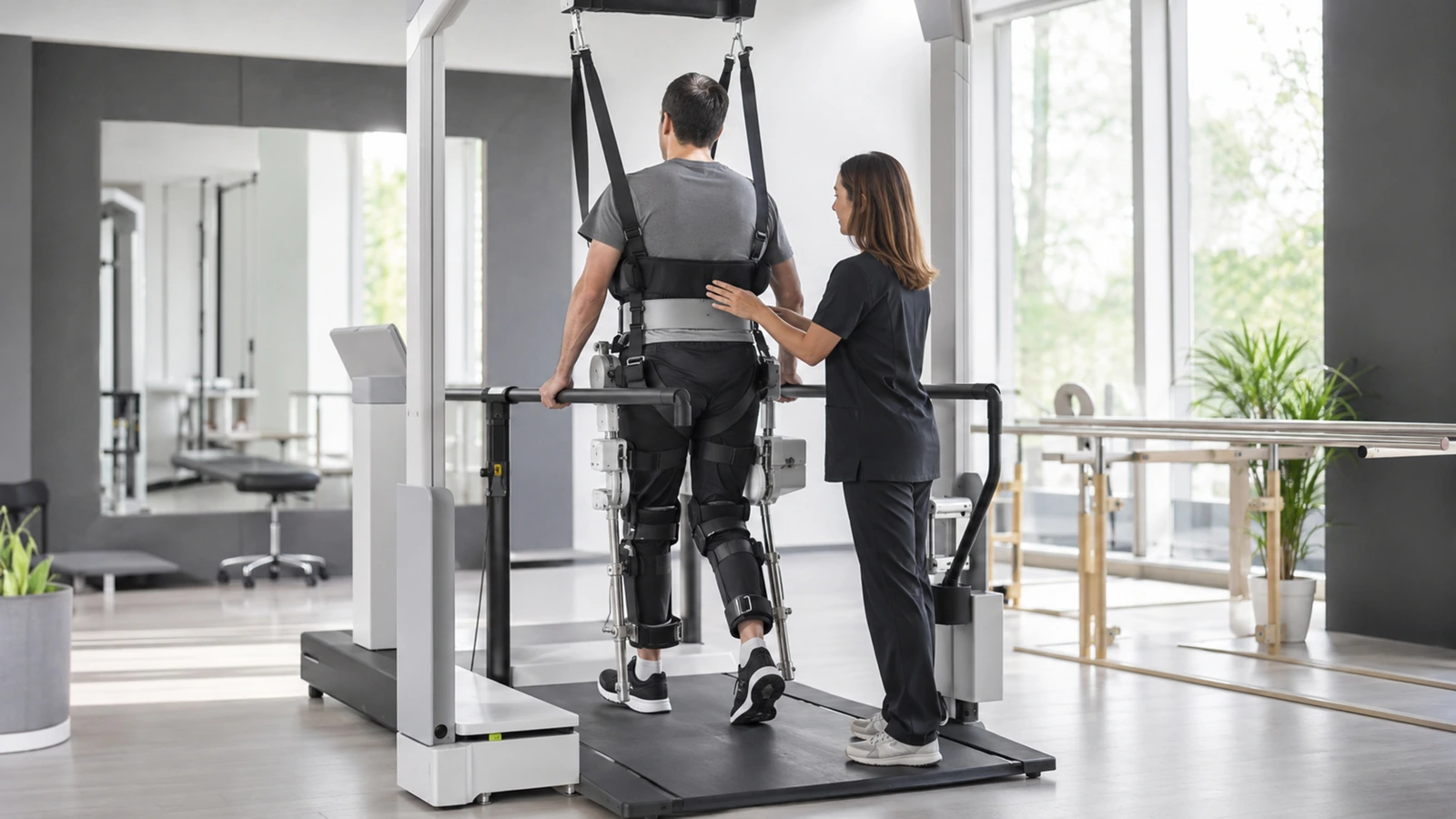 Eine Person geht in einem robotischen Gangtrainer über ein Laufband, während eine Therapeutin assistiert