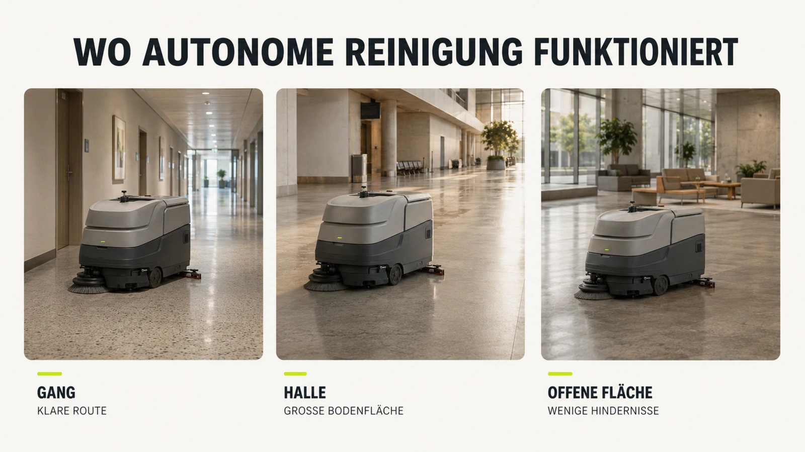 Gewerblicher Reinigungsroboter putzt einen langen Gang, Perspektive tief in die Halle