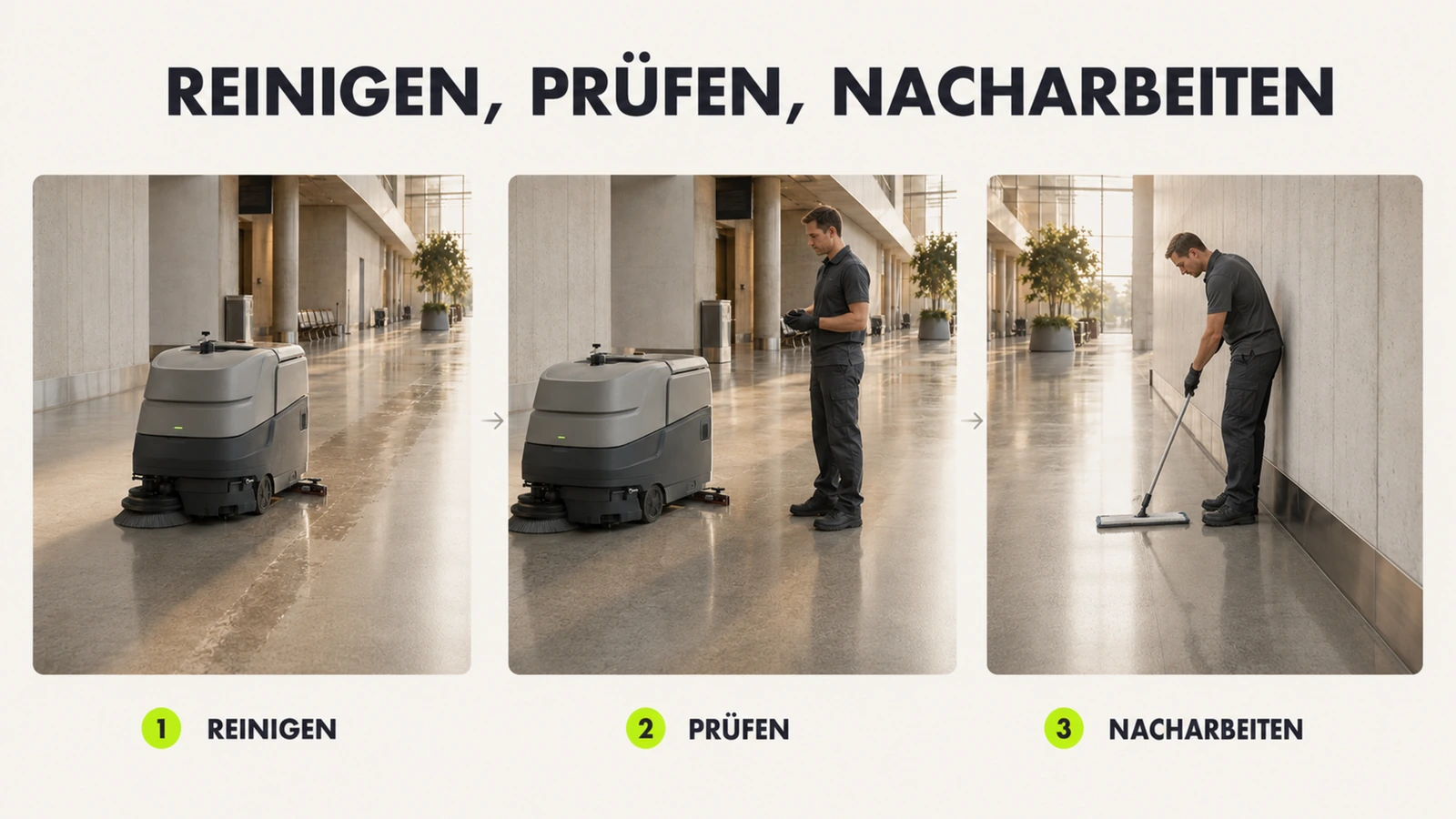 Nahszene der rotierenden Reinigungsbürste einer Scheuermaschine auf nassem Boden