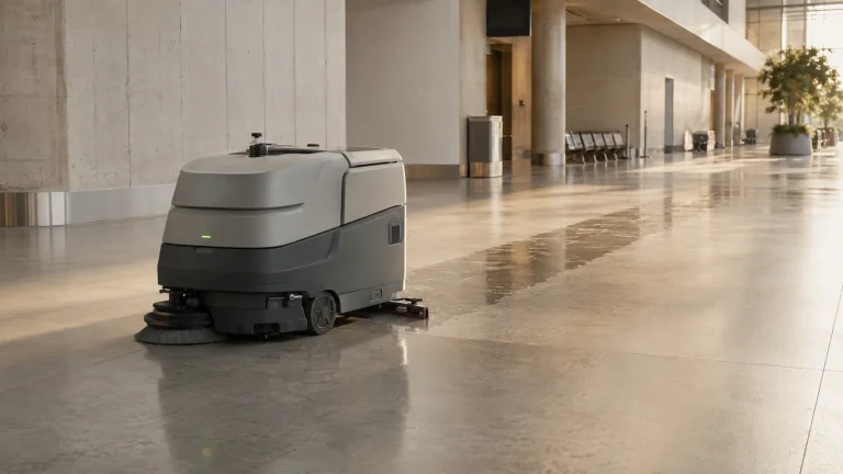 Autonome Scheuermaschine reinigt frühmorgens den Boden eines leeren Supermarkts, glänzende nasse Spur