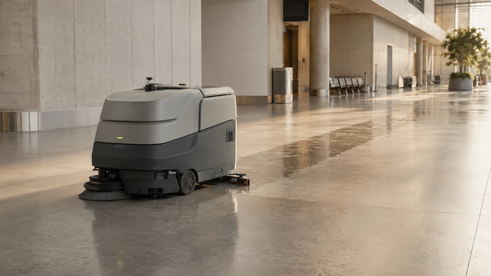 Autonome Scheuermaschine reinigt frühmorgens den Boden eines leeren Supermarkts, glänzende nasse Spur
