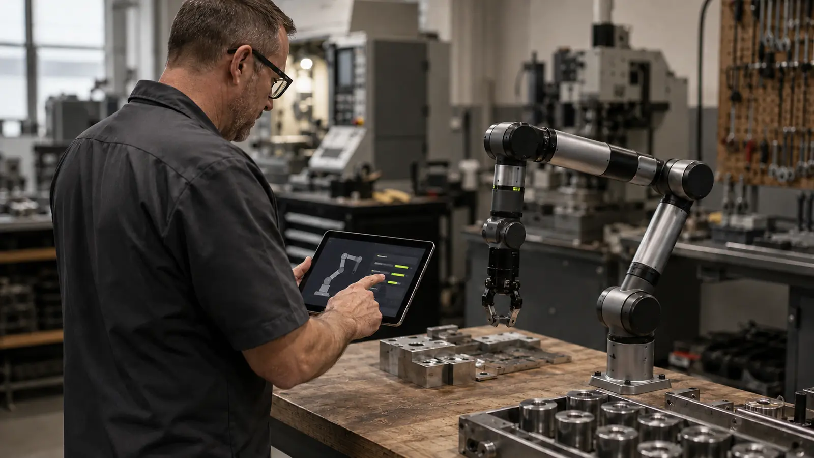 Techniker konfiguriert einen Roboterarm über ein Tablet