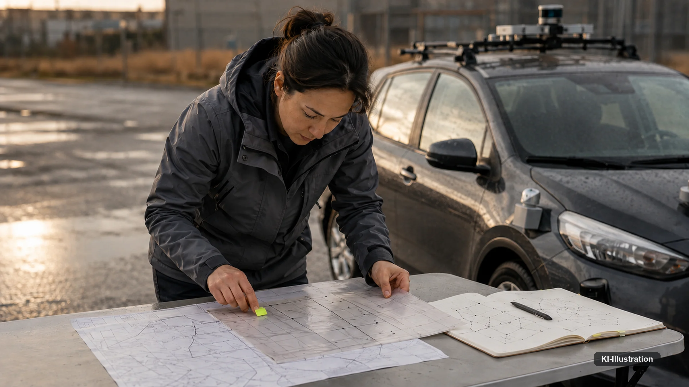 Eine Prüferin markiert an einem Klapptisch im Freien eine gedruckte Rasterkarte und notiert daneben in ein Notizbuch; im Hintergrund ein dunkler Geländewagen mit Sensoraufbau und Lidar-Kuppel auf dem Dach.