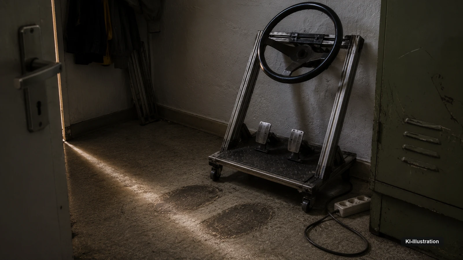 In einem fast dunklen Abstellraum mit Linoleum und olivgrünem Metallspind steht ein fahrbares Aluminiumgestell mit Lenkrad und zwei Pedalen. Ein Streifen Flurlicht aus dem Türspalt trifft zwei dunkle, eingelaufene Stellen im Boden vor den Pedalen.