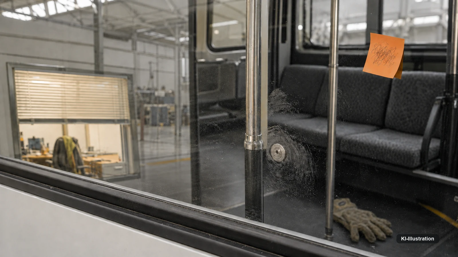 Blick durch die Seitenscheibe eines stehenden fahrerlosen Fahrzeugs: innen eine leere Sitzbank ohne jede Fahrerposition, auf dem Glas spiegeln sich ein erleuchtetes Bürofenster mit Jalousie und eine über eine Stuhllehne gehängte Jacke. Innen klebt ein orangefarbener Haftzettel mit unleserlicher Handschrift.