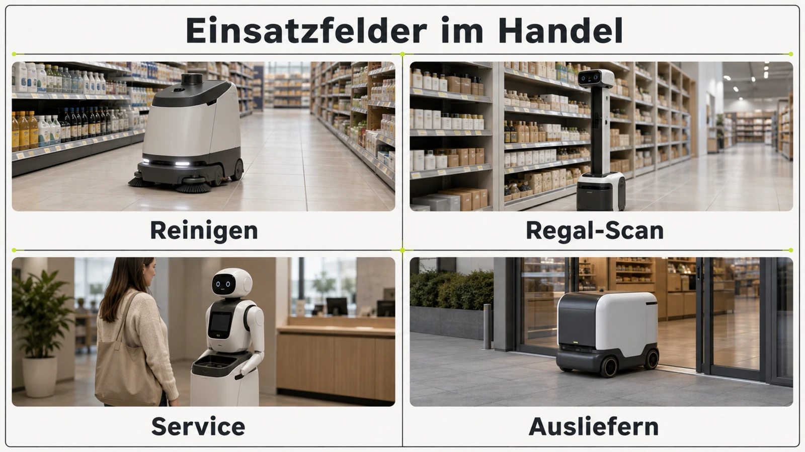 Grafik der Einsatzfelder für Roboter im Einzelhandel: Reinigen, Regal-Scan, Service und Ausliefern