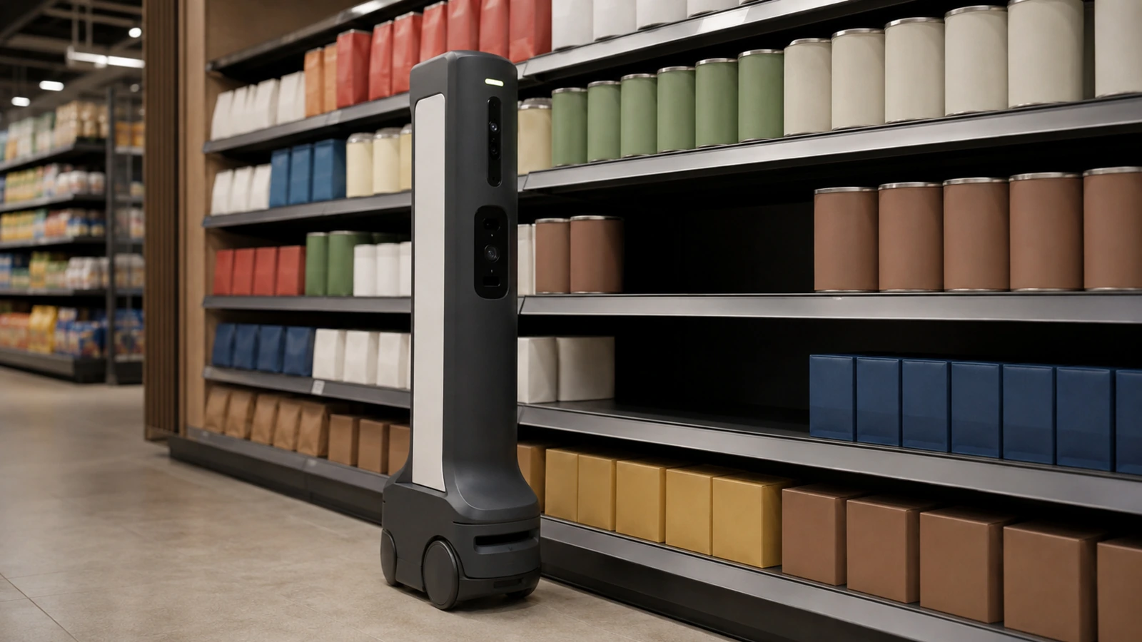 Schlanker Regal-Scan-Roboter fährt an gefüllten Supermarktregalen entlang zur Bestandsprüfung