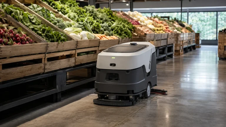 Generischer Bodenreinigungsroboter fährt durch den Gang eines modernen Supermarkts