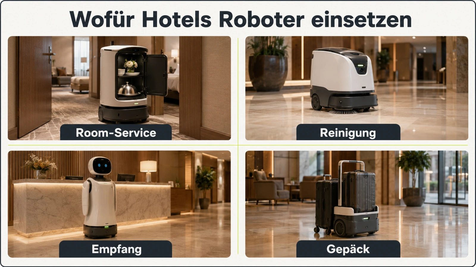 Grafik der Roboter-Aufgaben im Hotel: Room-Service, Reinigung, Empfang und Gepäcktransport
