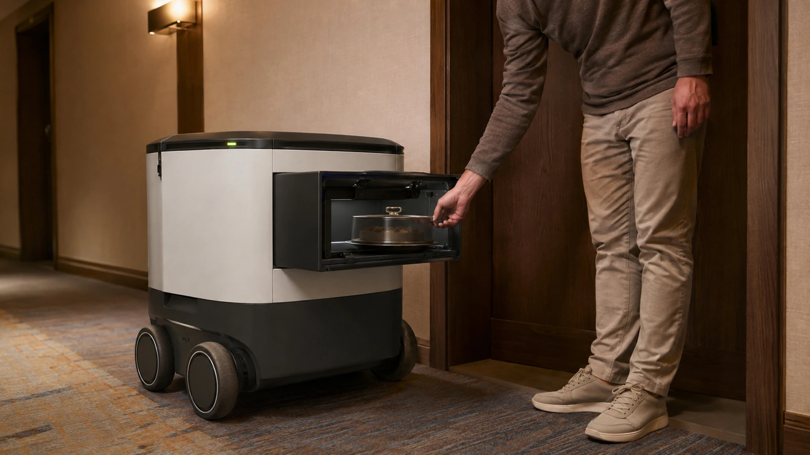 Lieferroboter mit geöffnetem Fach vor einer Zimmertür, ein Gast entnimmt den Room-Service