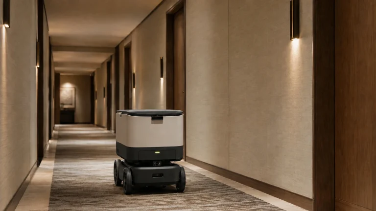 Generischer geschlossener Lieferroboter fährt durch einen eleganten Hotelflur mit Zimmertüren