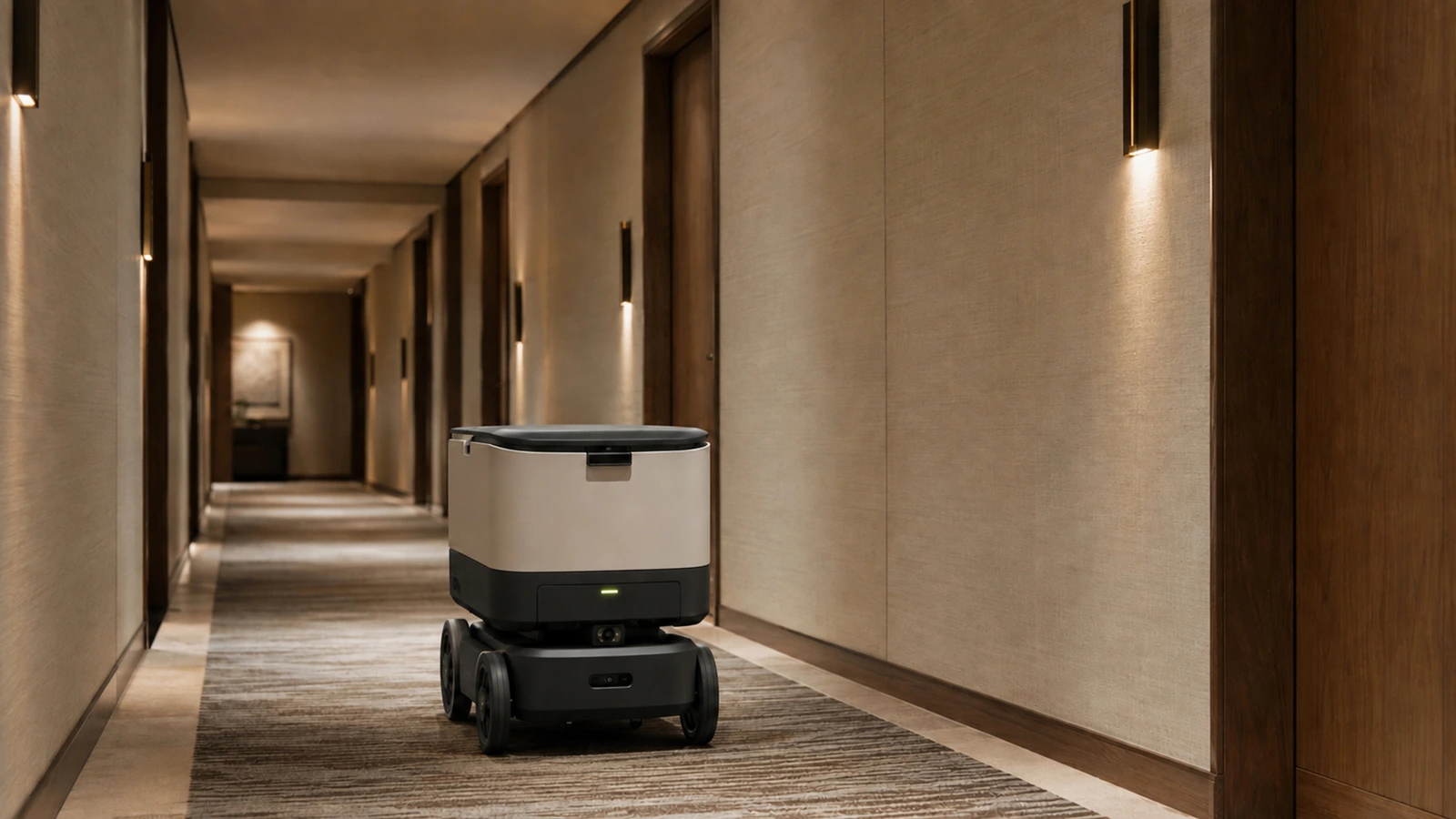 Generischer geschlossener Lieferroboter fährt durch einen eleganten Hotelflur mit Zimmertüren
