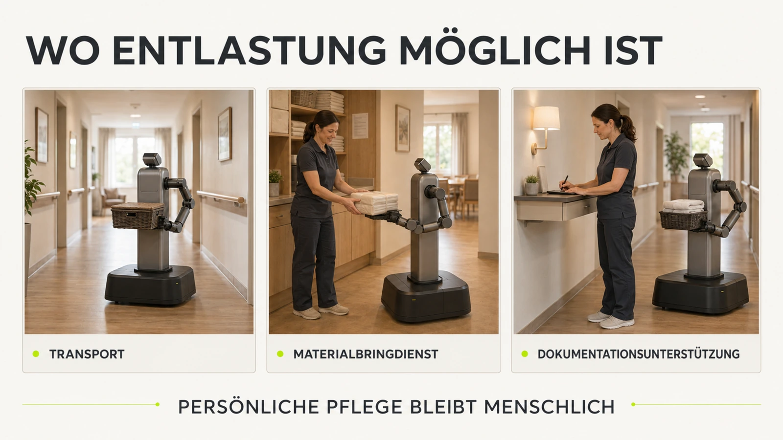 Roboter übernimmt einen Transport auf dem Flur, während Pflegekräfte Zeit für einen Bewohner haben