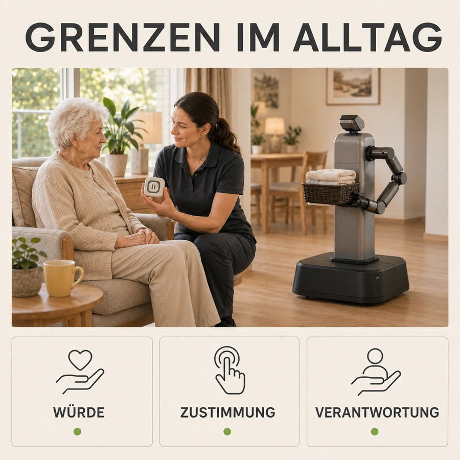 Close-up von Menschenhand und Roboter-Greifer im warmen Licht