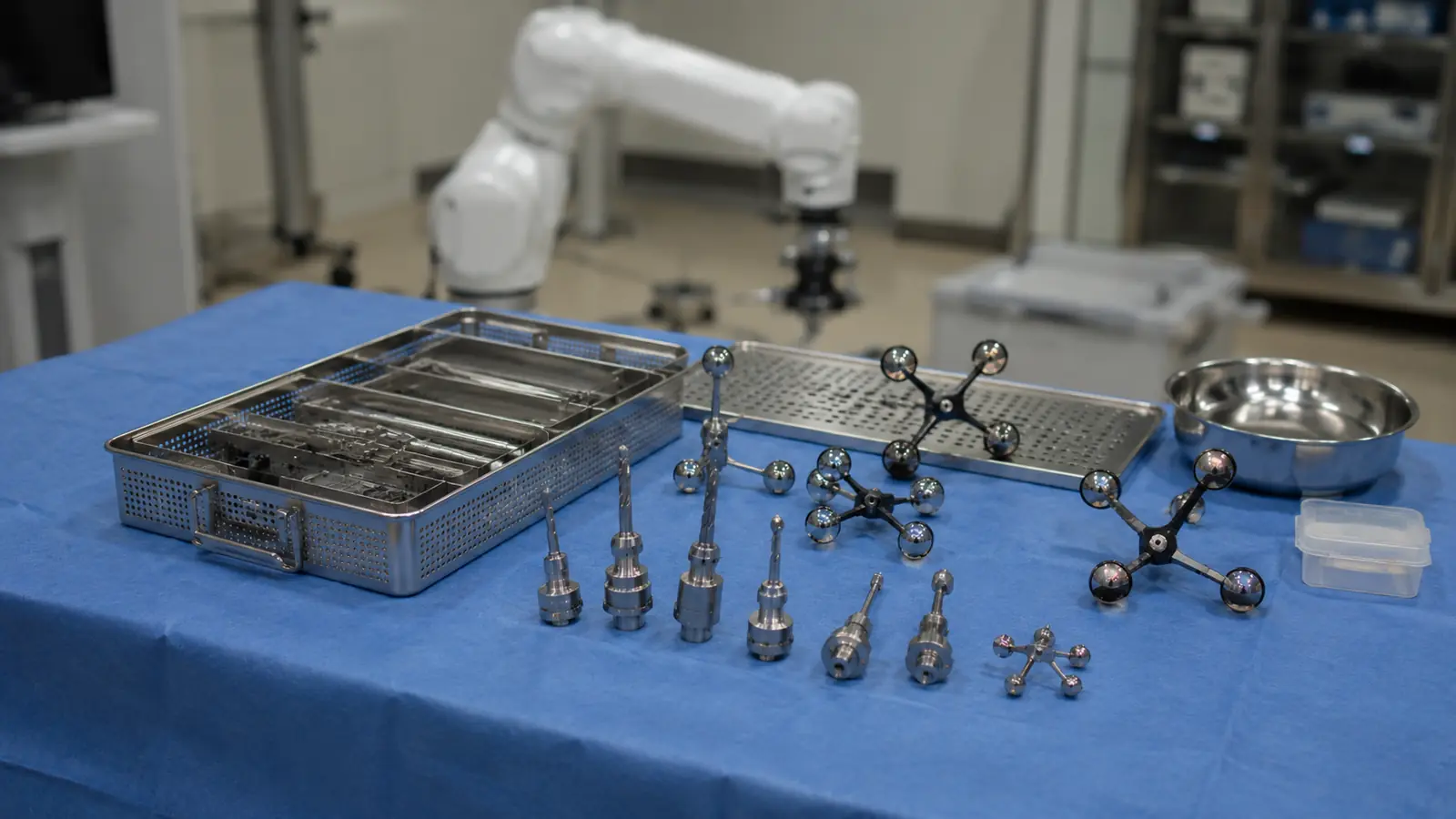 Steriler Instrumententisch für die Roboter-Knie-OP mit Werkzeugaufsätzen und Navigationsmarkern