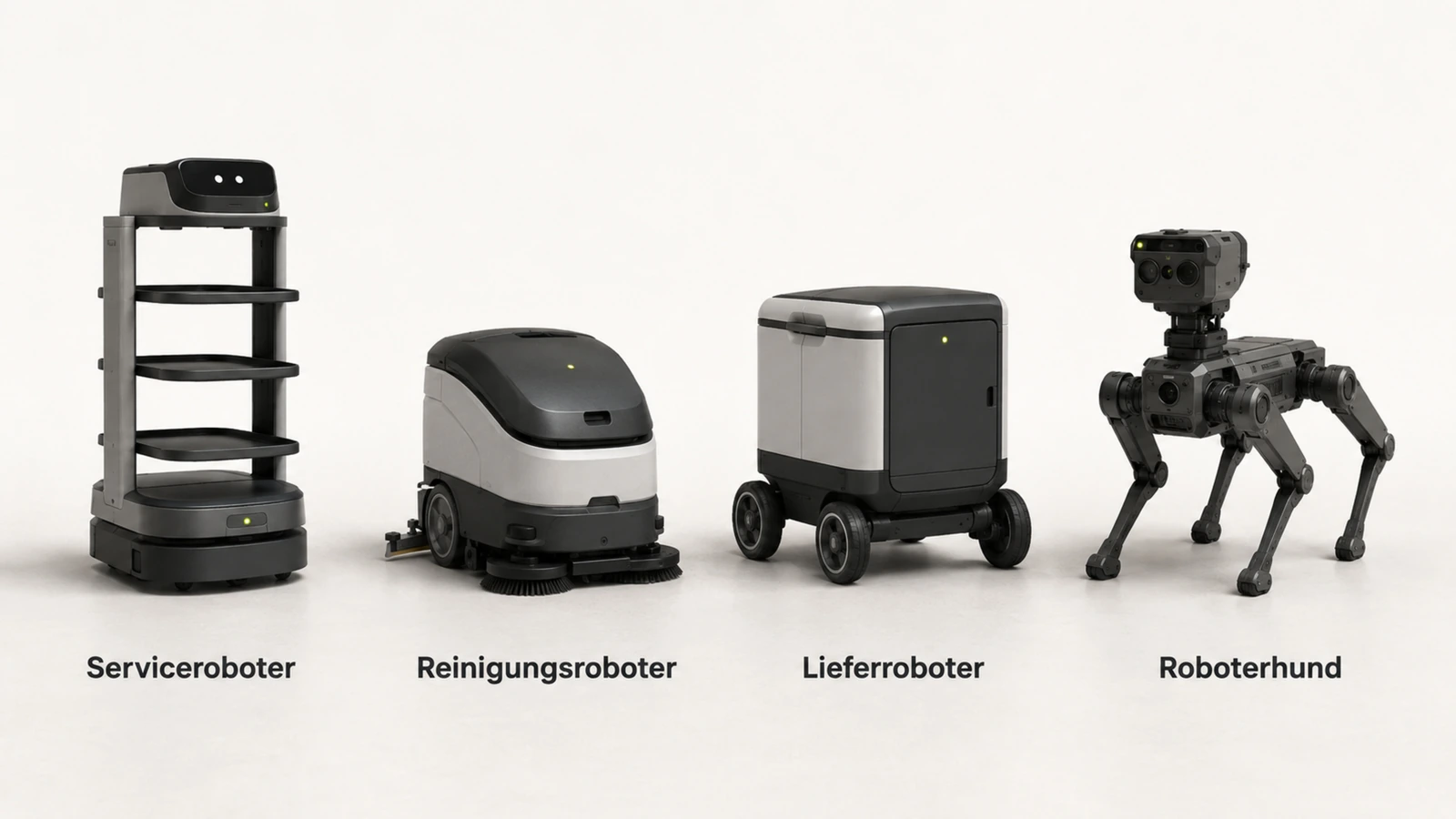 Mietbare Robotertypen nebeneinander: Serviceroboter, Reinigungsroboter, Lieferroboter und Roboterhund