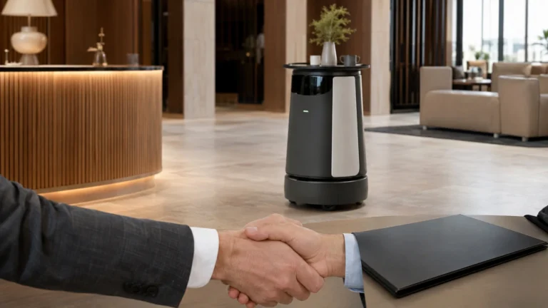 Gewerblicher Serviceroboter im Einsatz, davor eine angedeutete Handschlag-Szene zum Roboter mieten