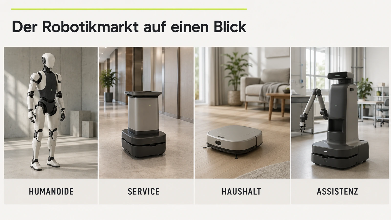 Verschiedene Robotertypen in ruhiger Reihung, Sinnbild für die Marktbreite aktueller Roboter-News
