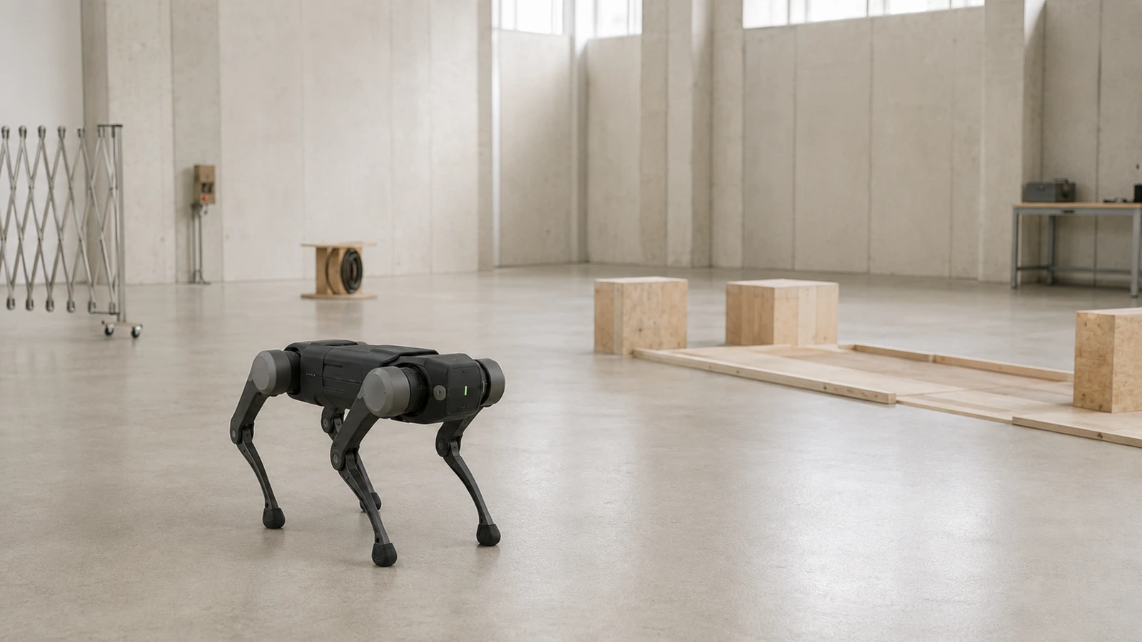 Einzelner Roboter in einer fast leeren Halle, nüchternes Bild echter Stückzahlen