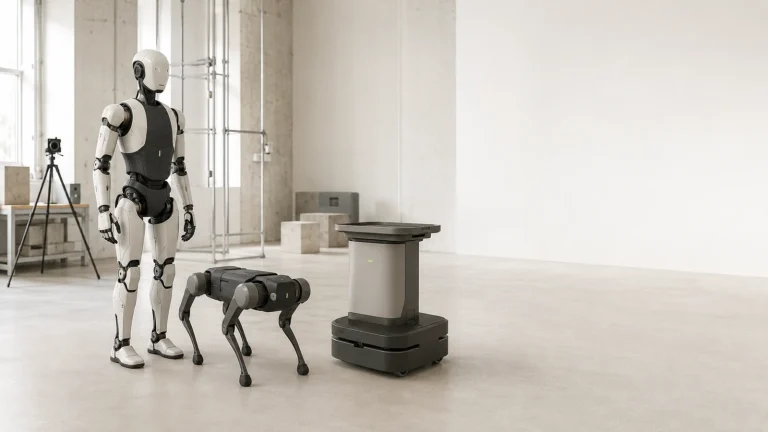 Humanoid, Roboterhund und Serviceroboter zusammen in einem hellen Raum, der Robotermarkt im Ueberblick