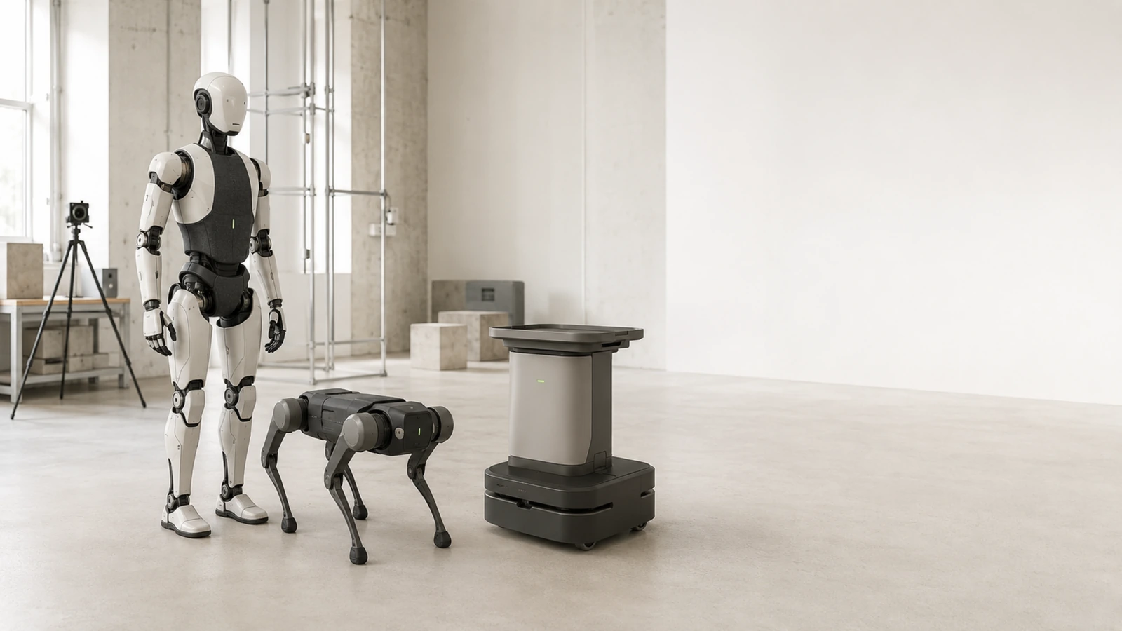Humanoid, Roboterhund und Serviceroboter zusammen in einem hellen Raum, der Robotermarkt im Ueberblick