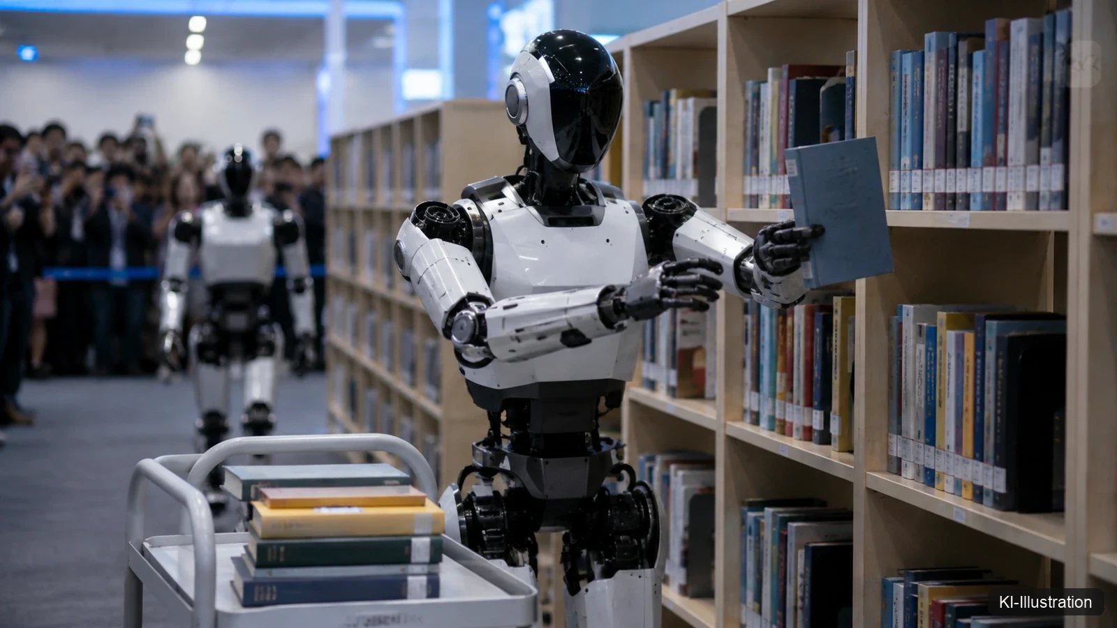 Humanoider Roboter sortiert Bücher in einem Bibliotheksregal ein