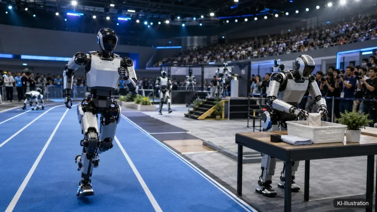 Humanoide Roboter in einer Arena zwischen Laufbahn und Arbeitsstation