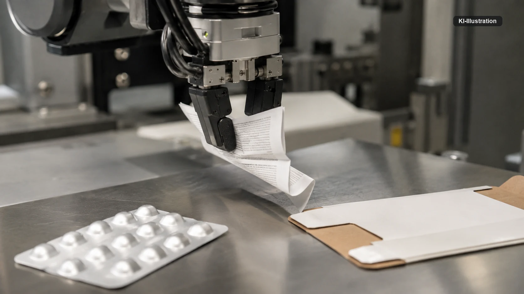 Ein Robotergreifer versucht, einen dünnen Beipackzettel aufzunehmen; das Papier knickt zwischen den Fingern weg. Daneben liegen ein Blisterstreifen und eine flachliegende Faltschachtel.