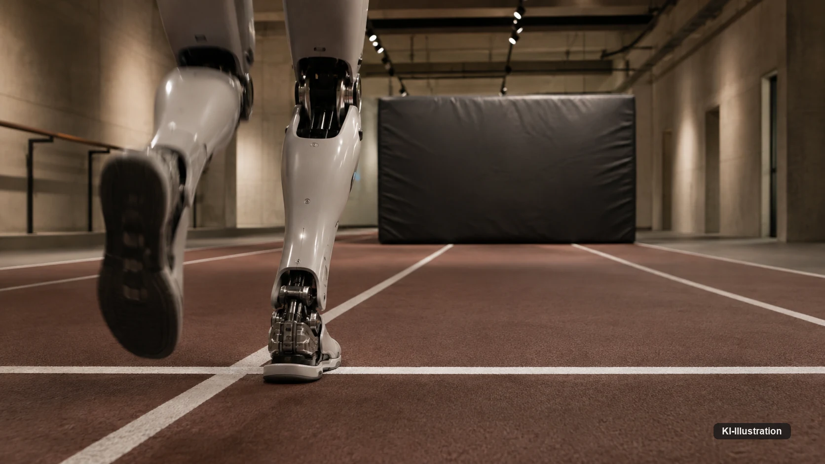 Bodennahe Perspektive hinter einer Ziellinie mit den Unterschenkeln eines humanoiden Roboters in Vorwärtsbewegung, dahinter eine massive Aufprallmatte.