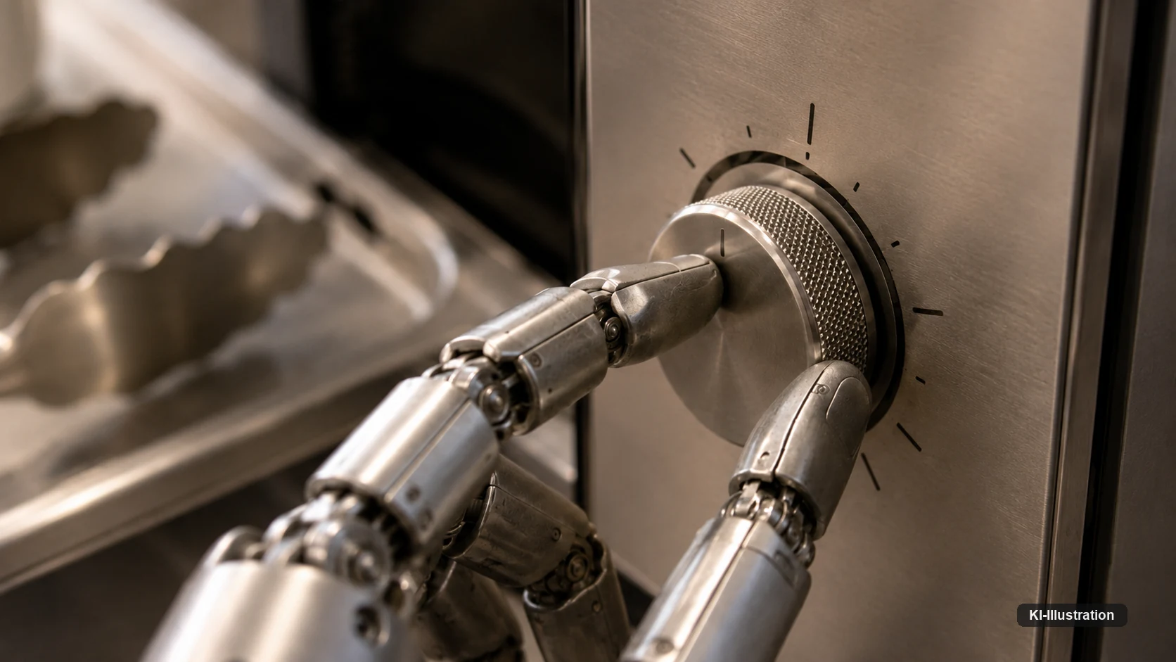Zwei mechanische Roboterfinger greifen den geriffelten Drehknopf einer Gastro-Mikrowelle.