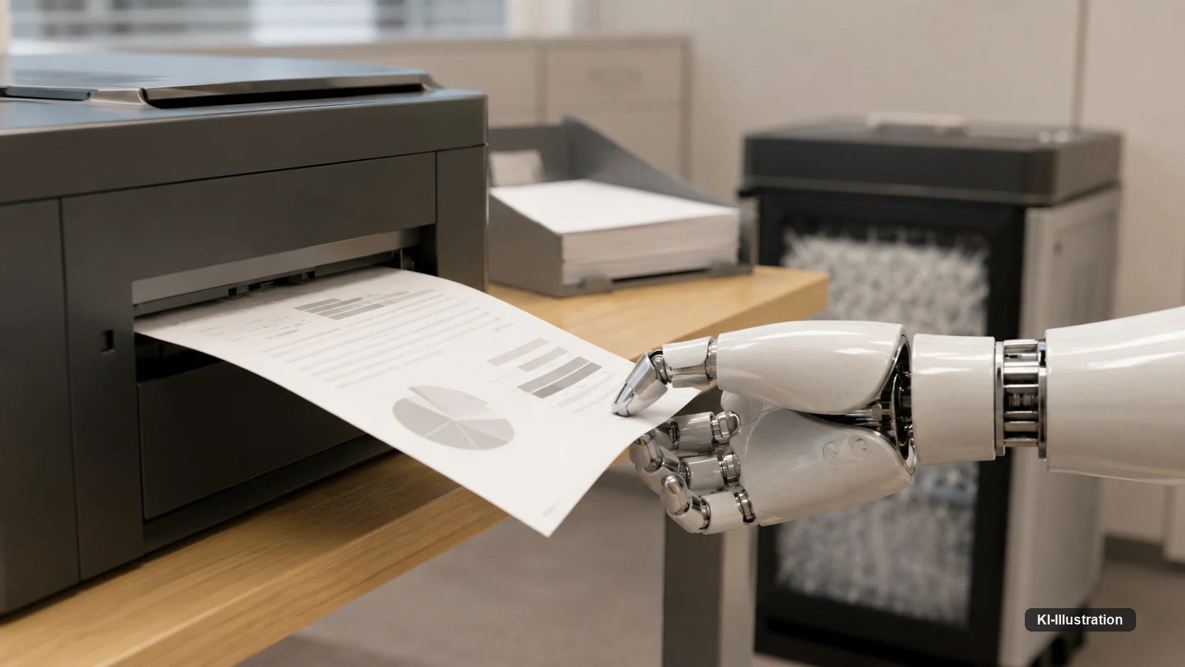 Ein Roboterarm greift nach einem A4-Blatt, das halb aus dem Ausgabefach eines Bürodruckers hängt und sich nach unten biegt. Im Hintergrund Papierfach, Papierstapel und Aktenvernichter.