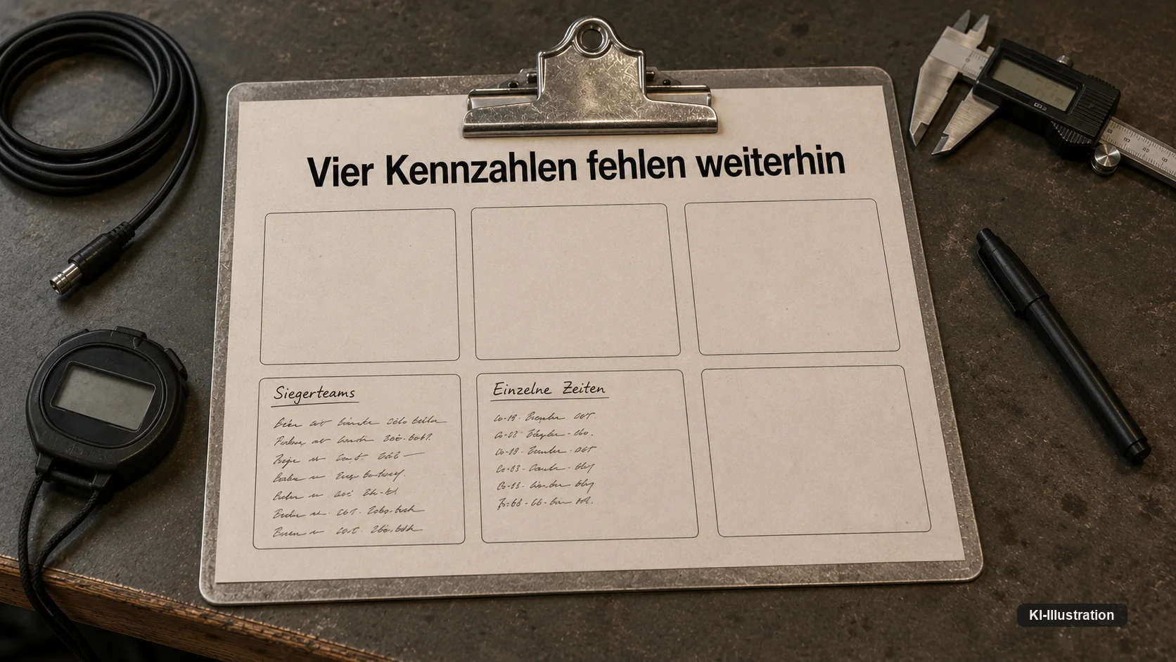 Ein Prüfblatt auf einem Metall-Clipboard, überschrieben mit „Vier Kennzahlen fehlen weiterhin“. Von sechs Prüfbereichen sind nur zwei ausgefüllt, beschriftet mit „Siegerteams“ und „Einzelne Zeiten“. Daneben liegen Stoppuhr, Messschieber, Kabel und Markierungsstift.