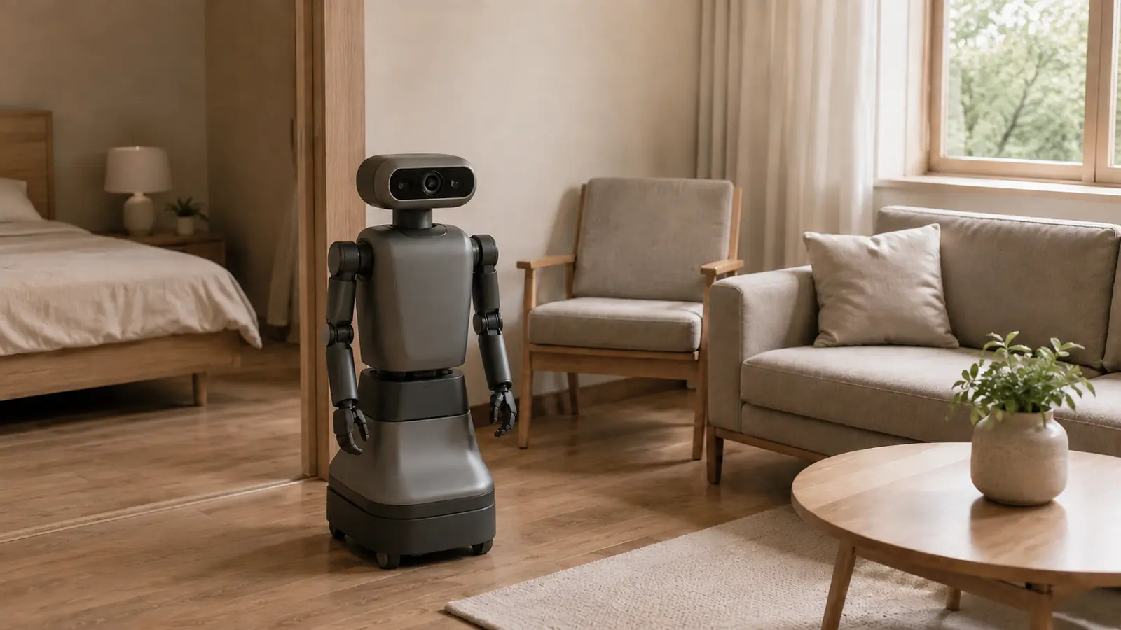 Humanoider Heimroboter mit Kamera im Blick auf einen Wohnraum als Sinnbild für Teleoperation.