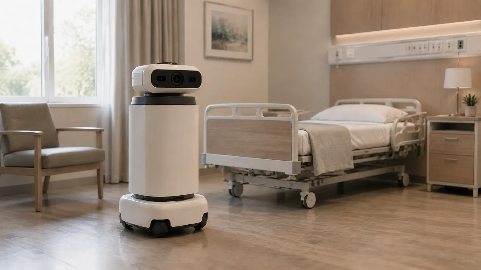 Pflegeroboter mit sichtbarer Kamera in einem Pflegeheimzimmer.