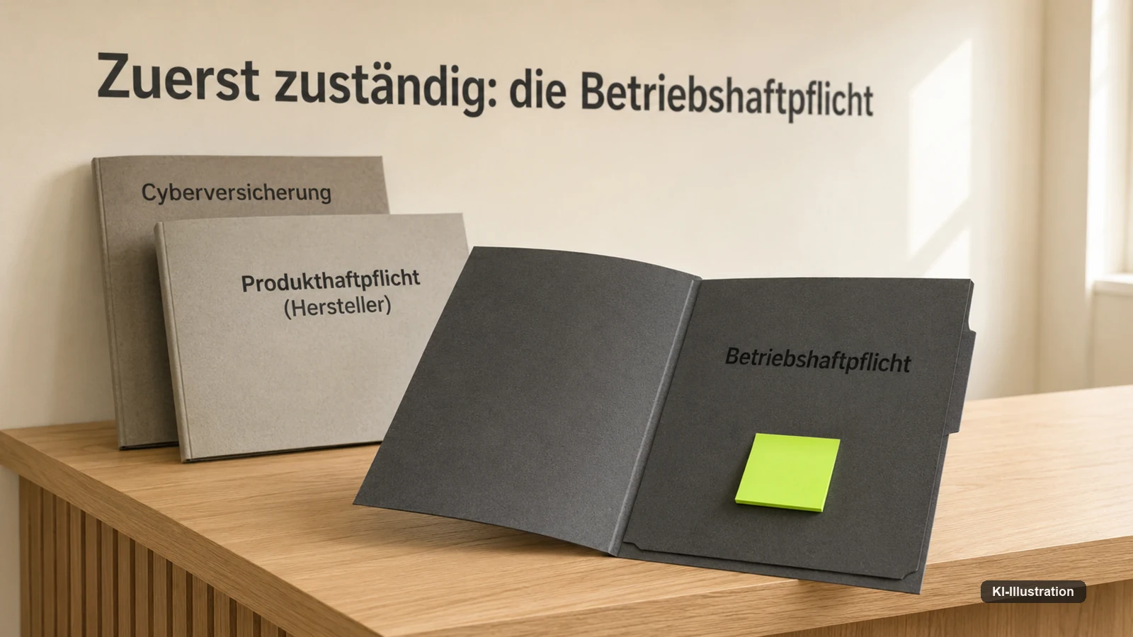 Drei Policenmappen auf einem Holztresen: vorn aufgeschlagen die graphitgraue Mappe „Betriebshaftpflicht" mit grünem Klebezettel, dahinter geschlossen „Produkthaftpflicht (Hersteller)" und „Cyberversicherung". Darüber die Zeile „Zuerst zuständig: die Betriebshaftpflicht".“ width=