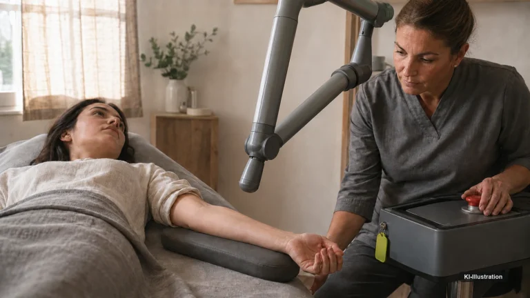 Behandlungsraum bei Tageslicht: Das Handstück eines warmgrauen Gerätearms steht knapp über dem Unterarm einer liegenden Kundin; die Studiobetreiberin im grauen Kasack beugt sich vor, den Blick auf das Handstück, die Hand am Stopptaster des Stativs.