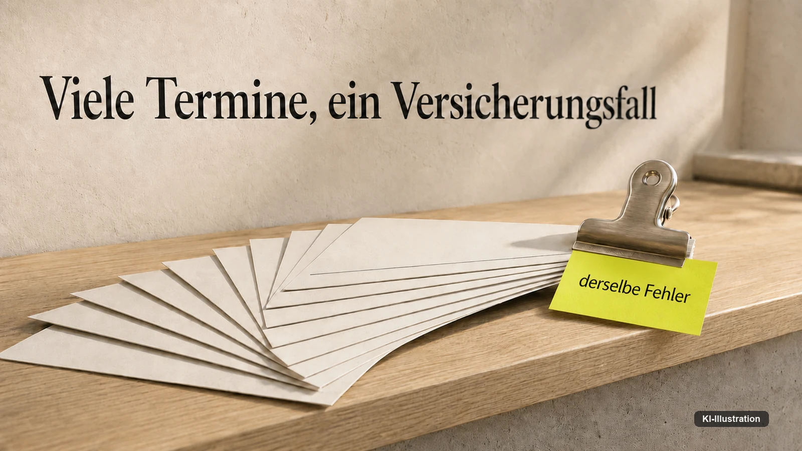 Etwa zwölf leere Terminkarten aus hellem Karton liegen auf einem Holztresen aufgefächert und laufen rechts in einer einzigen Metallklammer zusammen; daran ein grüner Zettel „derselbe Fehler". Darüber die Zeile „Viele Termine, ein Versicherungsfall".“ width=