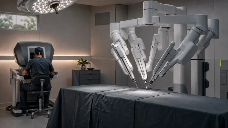 Generischer mehrarmiger OP-Roboter über einem abgedeckten Tisch im urologischen Saal, Operateur an der Konsole