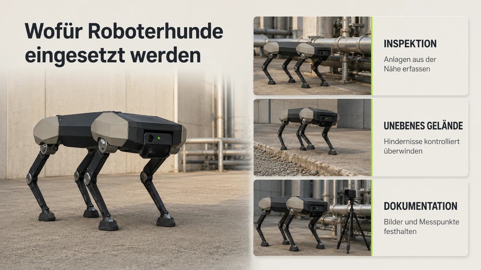 Vierbeiniger Roboterhund bewegt sich über unebenes Gelände und Treppen, zeigt Geländegängigkeit