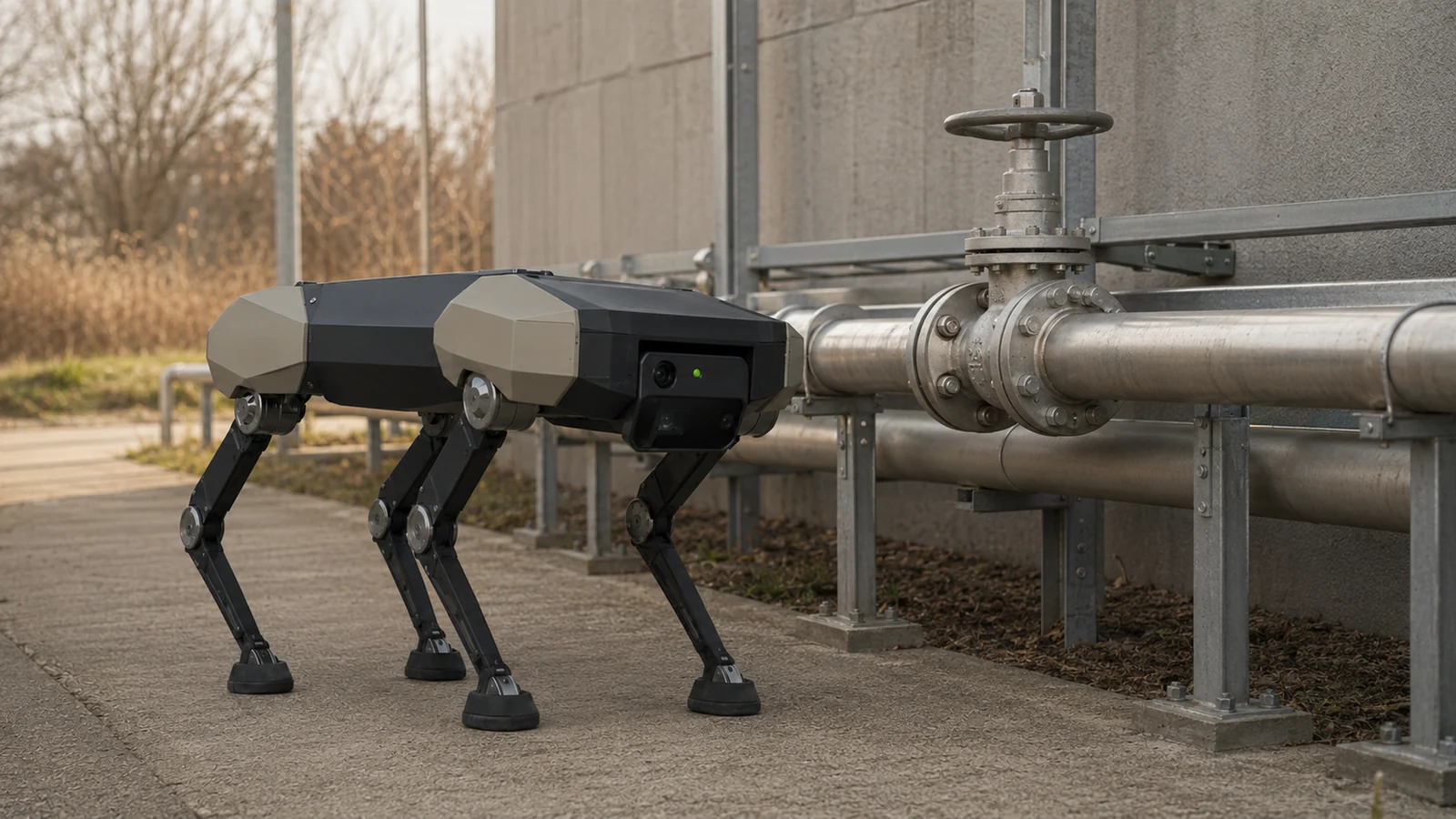 Roboterhund inspiziert Rohrleitungen einer Industrieanlage, typische Inspektionsaufgabe